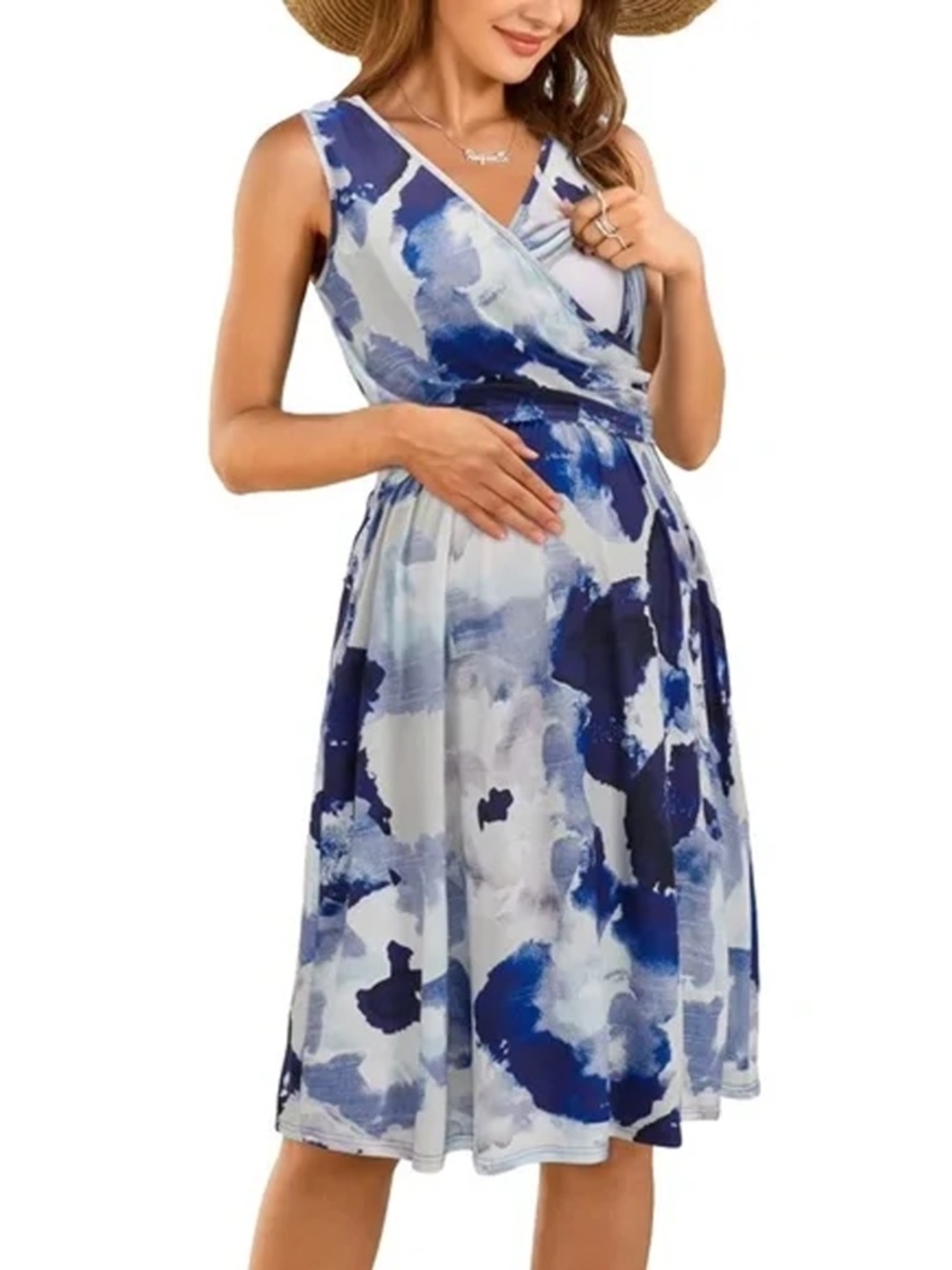 OUGES V-Neck Dress Sleeveless Maternity Nursing Gown Breastfeeding Postpartum